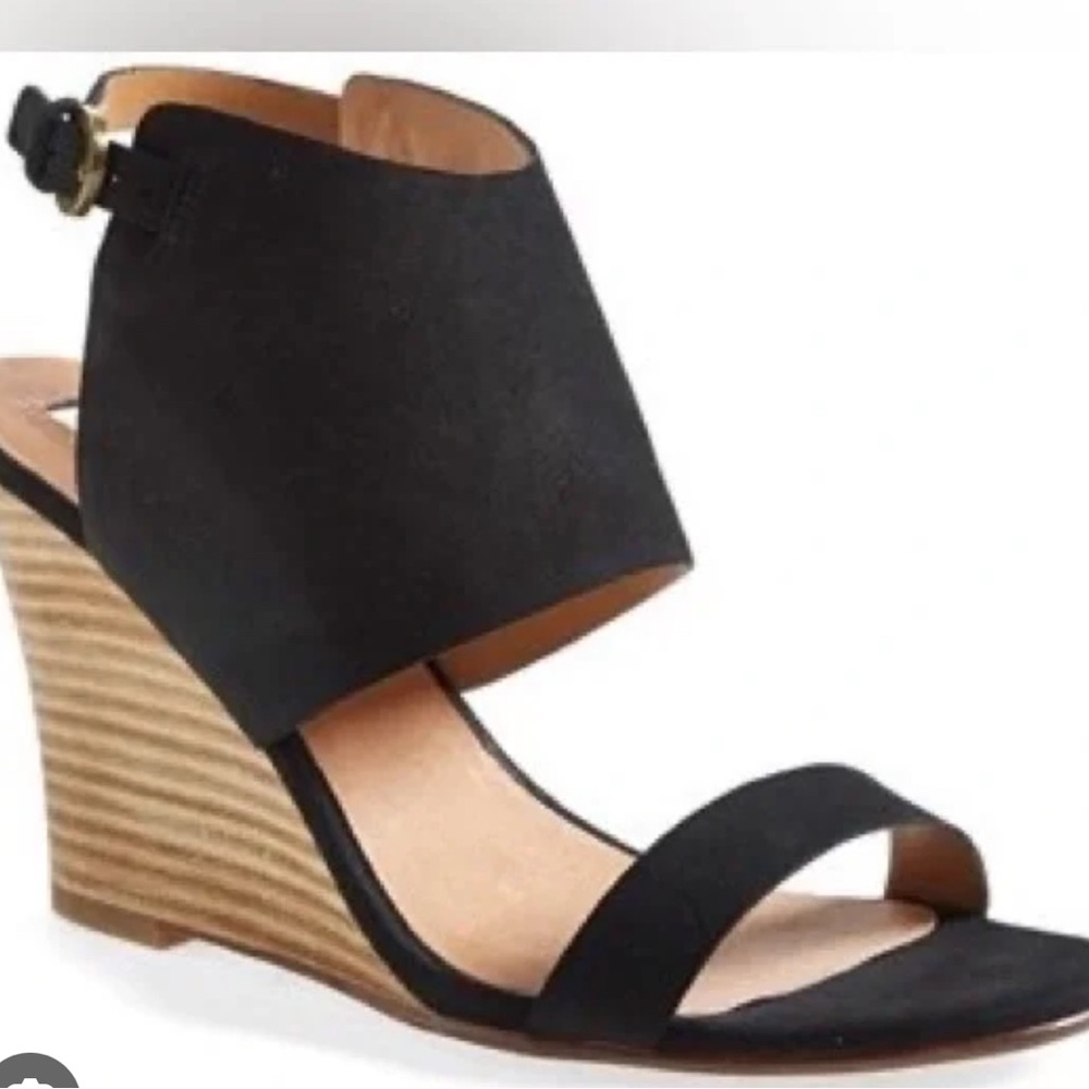 Halogen Clarette Ankle Strap Open Toe Wedge Shoes Heels Black Suede Leather